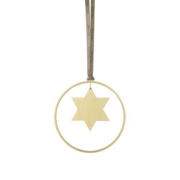 Wooden star-shaped ornament hanging from a ribbon, perfect for festive decor.