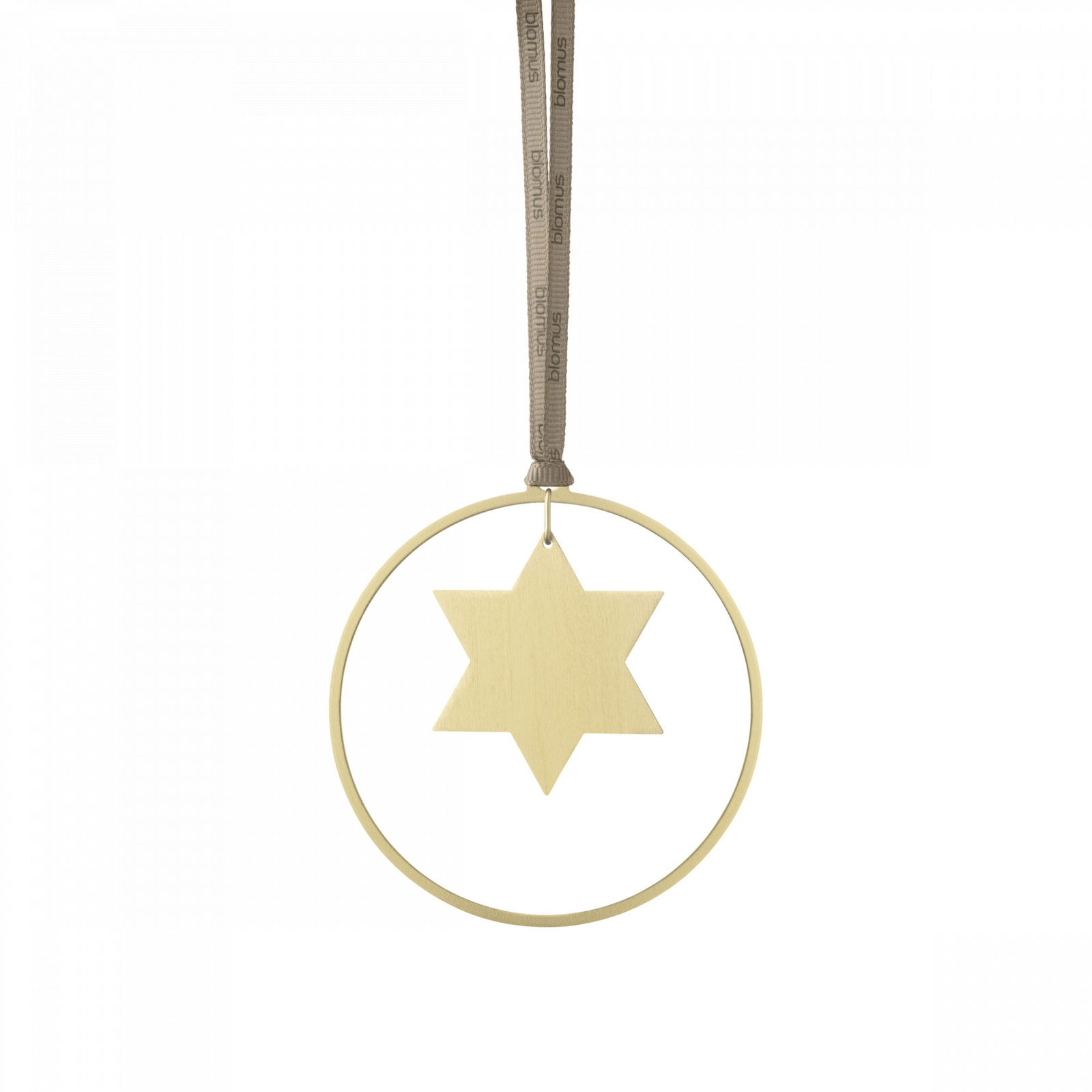 Wooden star-shaped ornament hanging from a ribbon, perfect for festive decor.