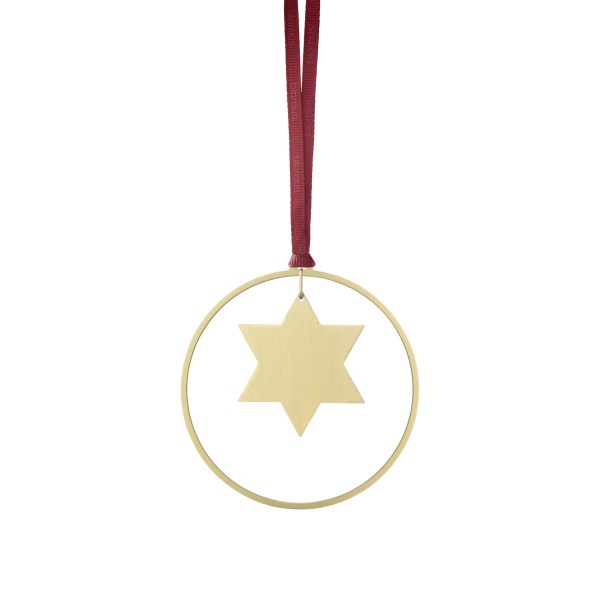 Wooden star ornament hanging from a red ribbon, perfect for holiday decorations.