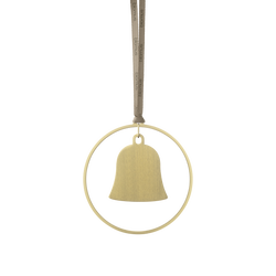 Goldene Glockenornamente, die an einem Band innerhalb eines runden Rahmens für die Weihnachtsdekoration hängen.