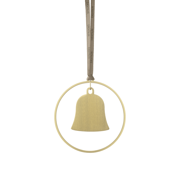 Goldene Glockenornamente, die an einem Band innerhalb eines runden Rahmens für die Weihnachtsdekoration hängen.