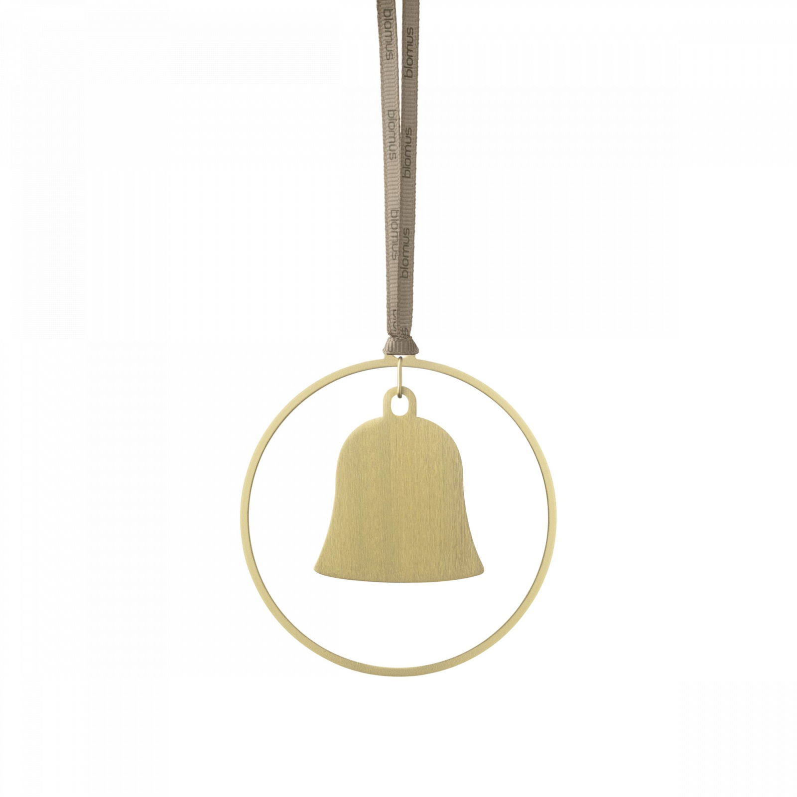 Goldene Glockenornamente, die an einem Band innerhalb eines runden Rahmens für die Weihnachtsdekoration hängen.
