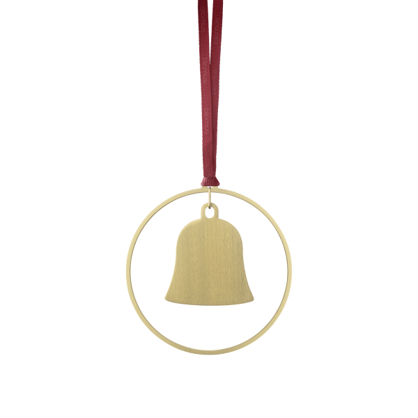 Goldene Glockenornament mit einem weinroten Band, perfekt für Feiertagsdekorationen.