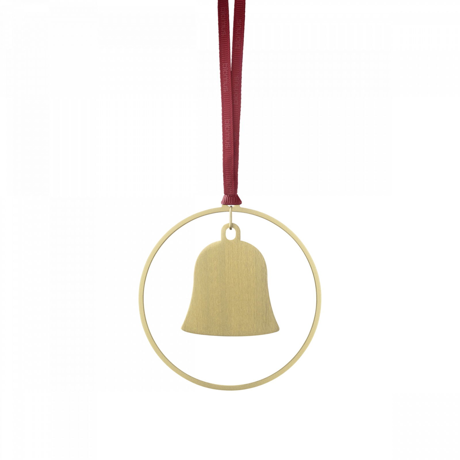 Goldene Glockenornament mit einem weinroten Band, perfekt für Feiertagsdekorationen.