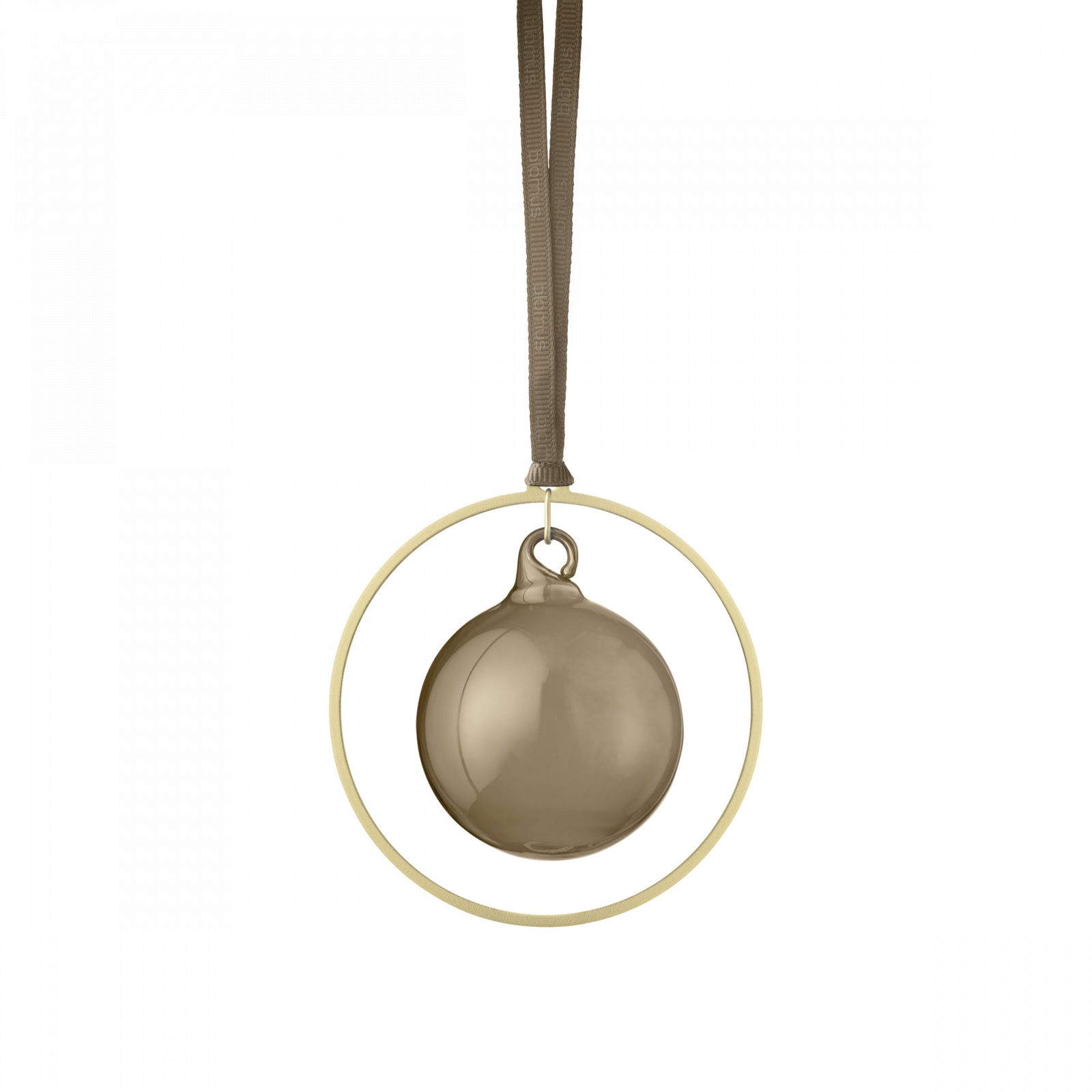 Eleganter brauner Weihnachtsschmuck, der in einem runden goldenen Rahmen hängt.