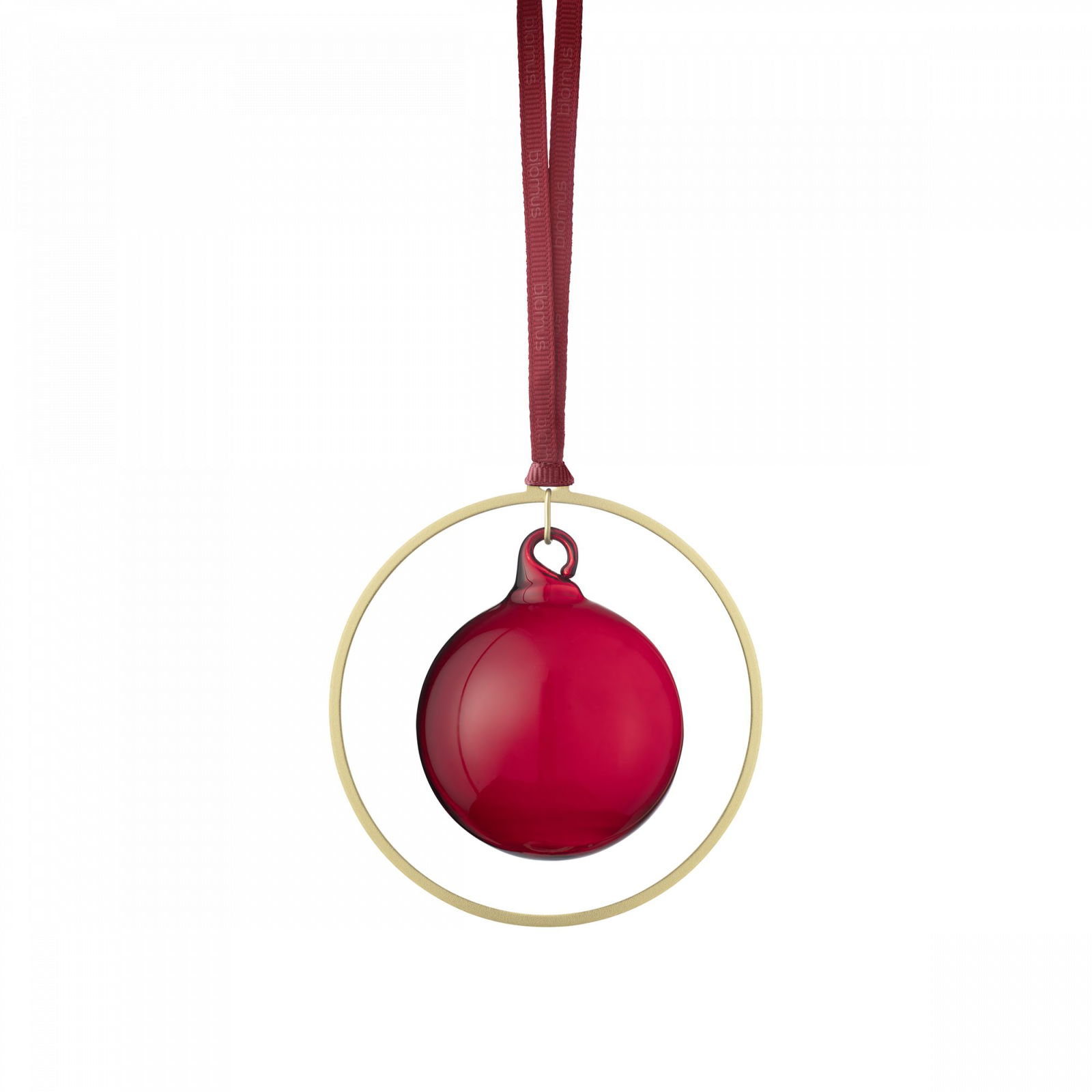 Red Christmas ornament hanging in a gold ring on a black background.