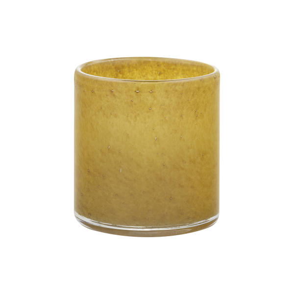 Eleganter gelber Glas-Teelichthalter mit glatter Oberfläche und subtiler Textur.