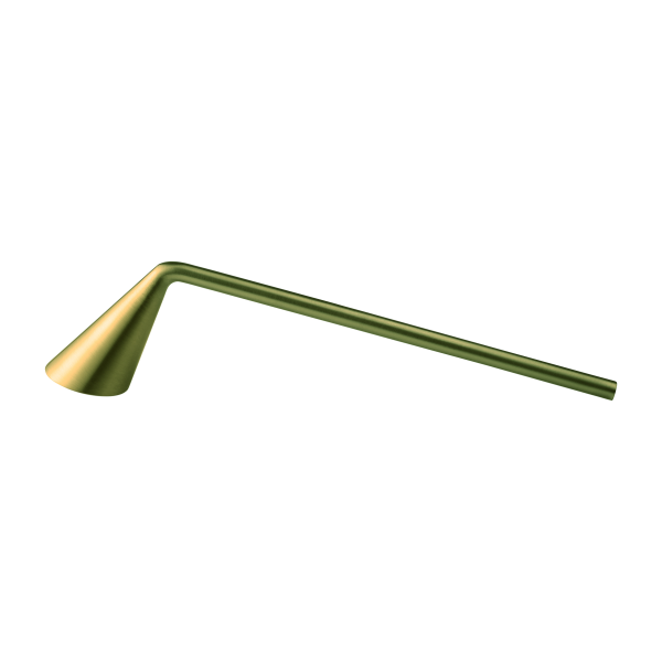 Stylish gold candle snuffer with a modern design and sleek conical shape.