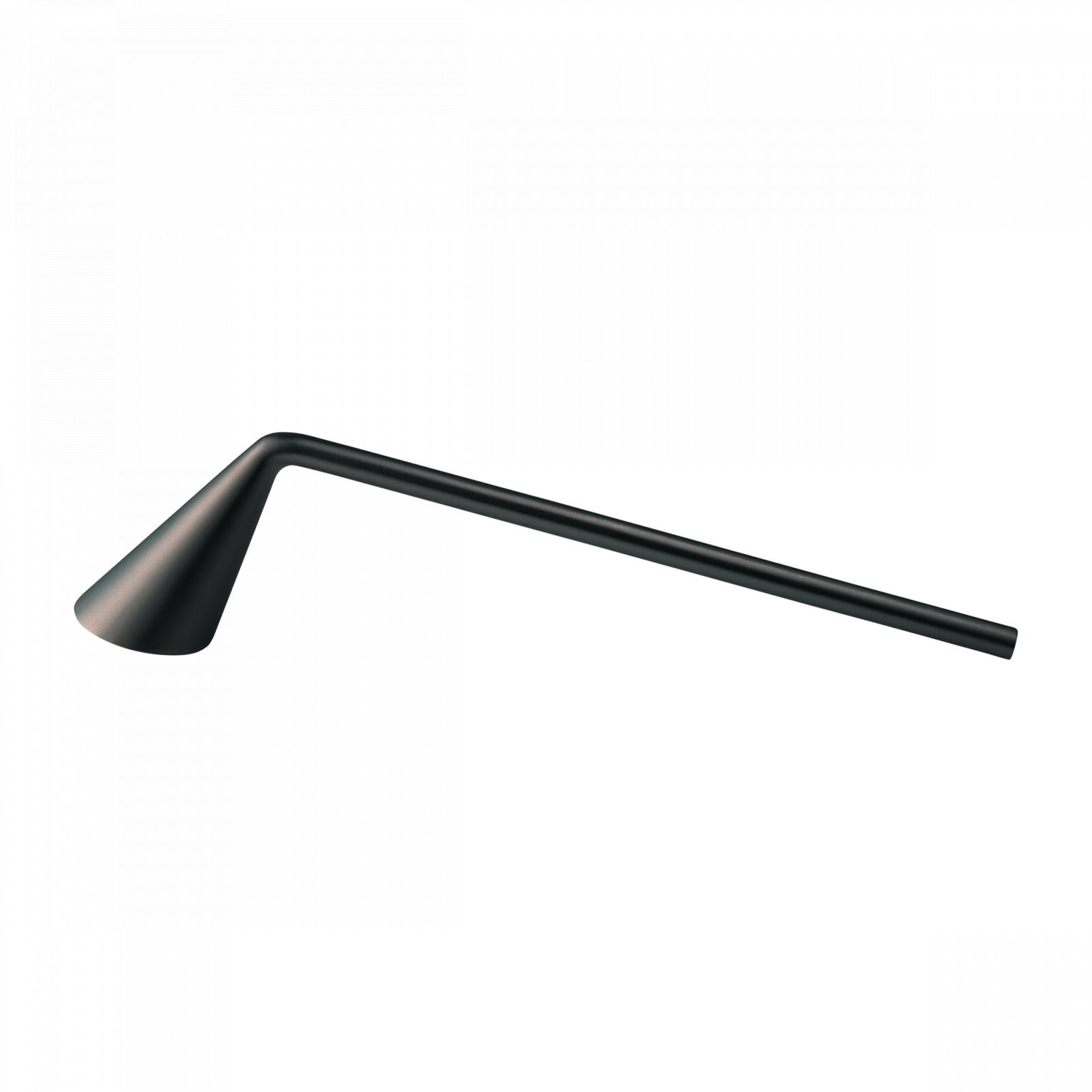 Sleek black candle snuffer with a conical tip and long handle, perfect for extinguishing candles.