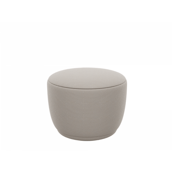 Modern round beige ottoman with a textured fabric design, perfect for contemporary interiors.
