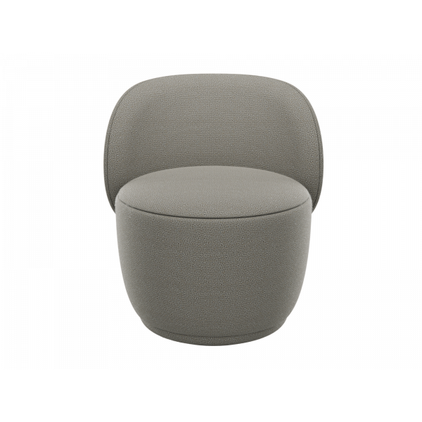 Modern minimalist gray upholstered chair with round shape and soft edges.