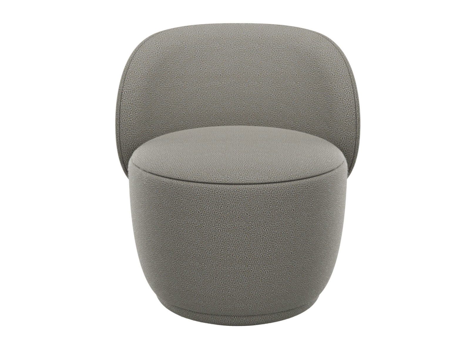 Modern minimalist gray upholstered chair with round shape and soft edges.