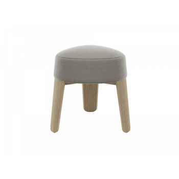 Stylish round beige stool with wooden legs, perfect for modern home decor.