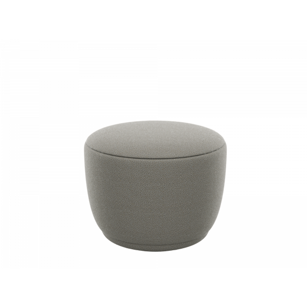 Stylish gray upholstered ottoman with a round shape for modern home decor.