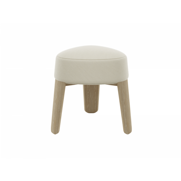 Stylischer mit Creme bezogener Hocker mit Holzbeinen für moderne Wohnkultur.