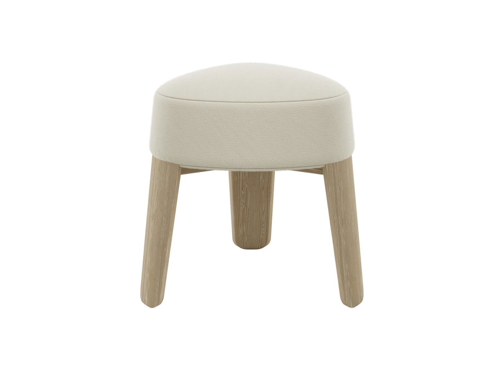 Stylischer mit Creme bezogener Hocker mit Holzbeinen für moderne Wohnkultur.