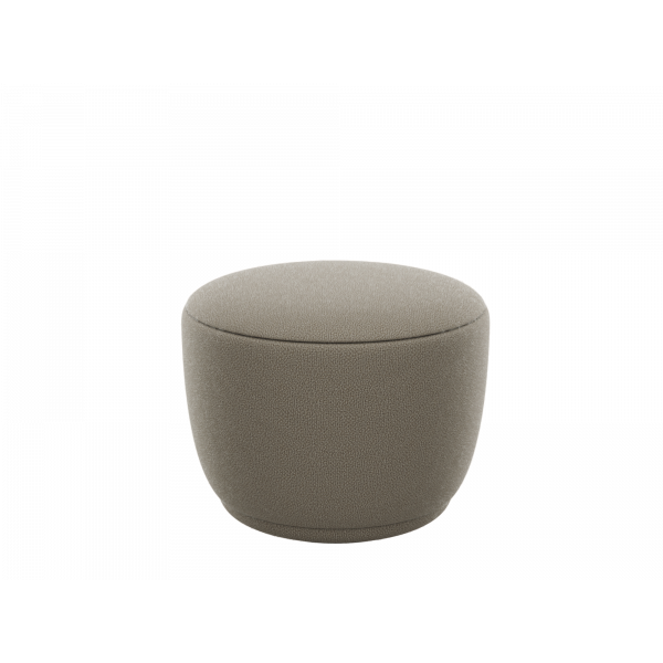 Modern round ottoman in earthy taupe fabric, perfect for stylish home decor.