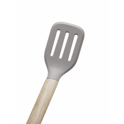 Gray slotted spatula with a wooden handle on a white background.
