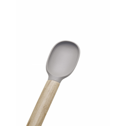 Stylish wooden-handled kitchen spoon with a smooth gray silicone head.