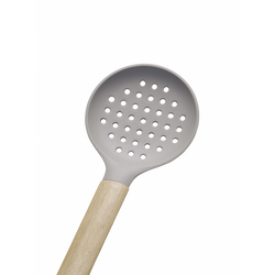 Gray slotted spoon with wooden handle for cooking and food preparation.