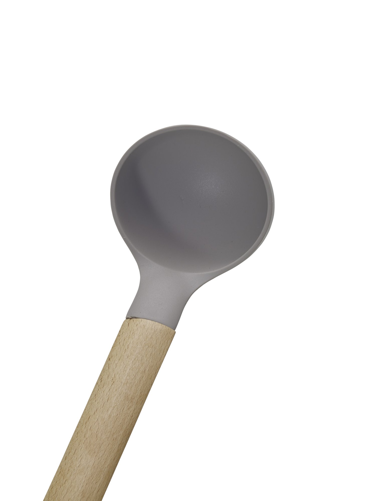 Grau silikonschaufel mit einem Holzgriff auf einem weißen Hintergrund.