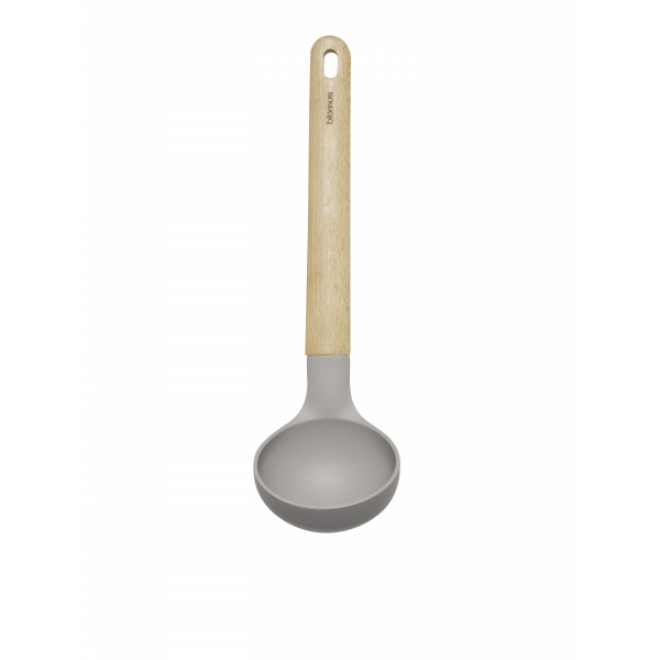 Stilvolle graue Kelle mit Holzgriff zum Servieren von Suppen und Saucen.