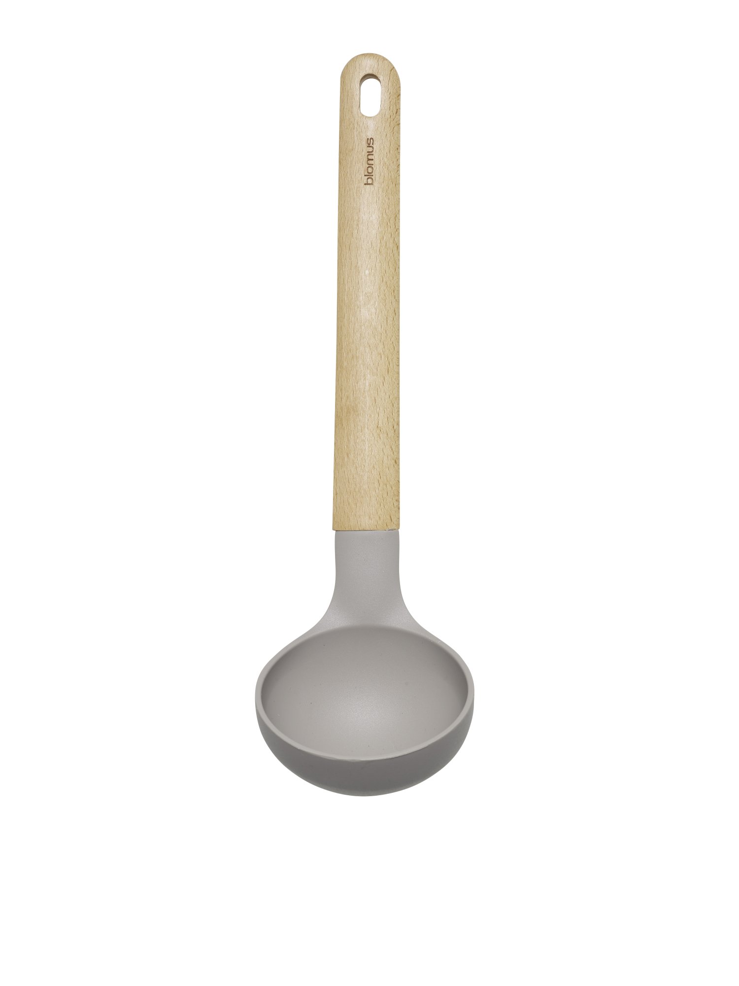 Stilvolle graue Kelle mit Holzgriff zum Servieren von Suppen und Saucen.