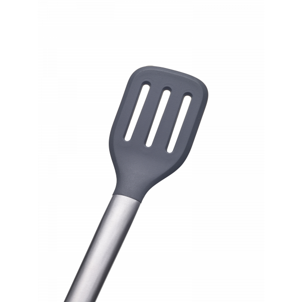 Gray silicone spatula with stainless steel handle against a white background.