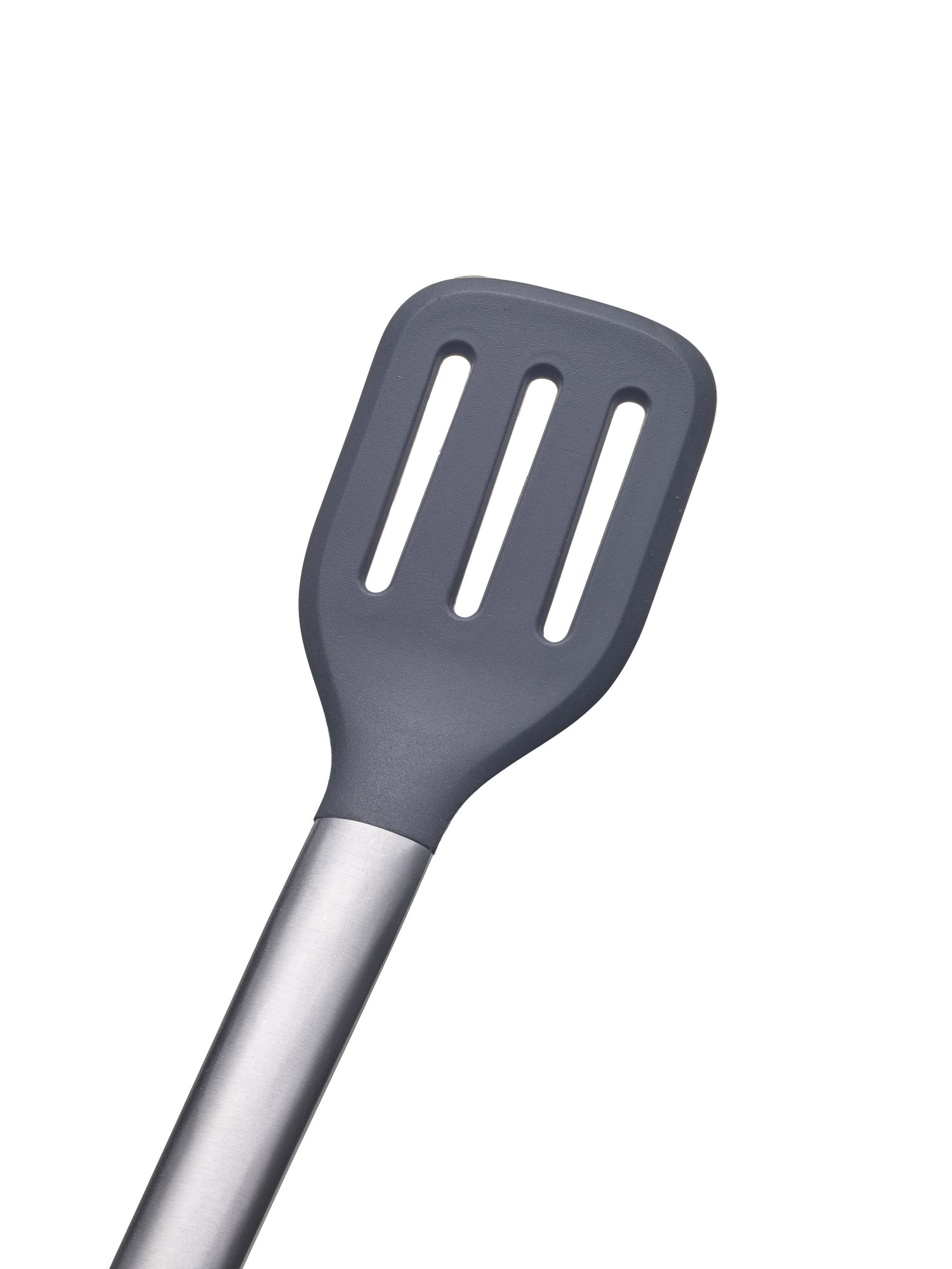 Gray silicone spatula with stainless steel handle against a white background.