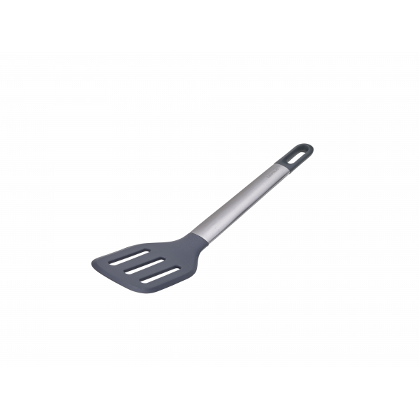 Gray slotted spatula with a stainless steel handle on a white background.