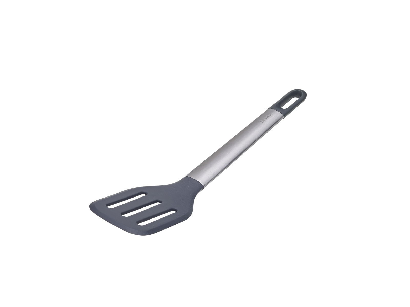Gray slotted spatula with a stainless steel handle on a white background.