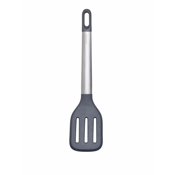 Sleek stainless steel spatula with a slotted silicone head for easy flipping and cooking.