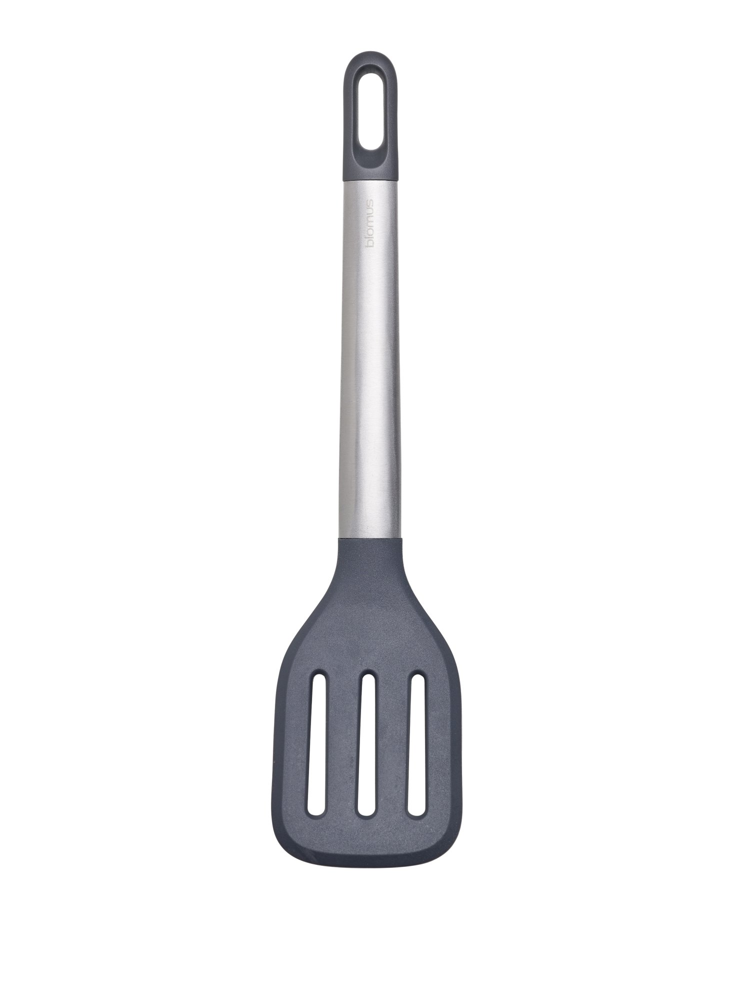 Sleek stainless steel spatula with a slotted silicone head for easy flipping and cooking.