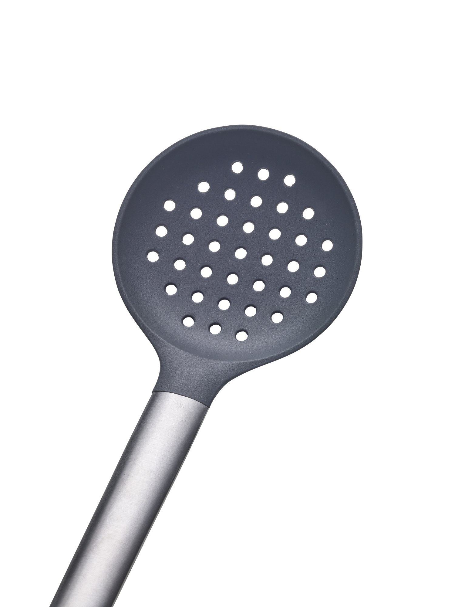 Sleek black slotted spoon with stainless steel handle on a white background.