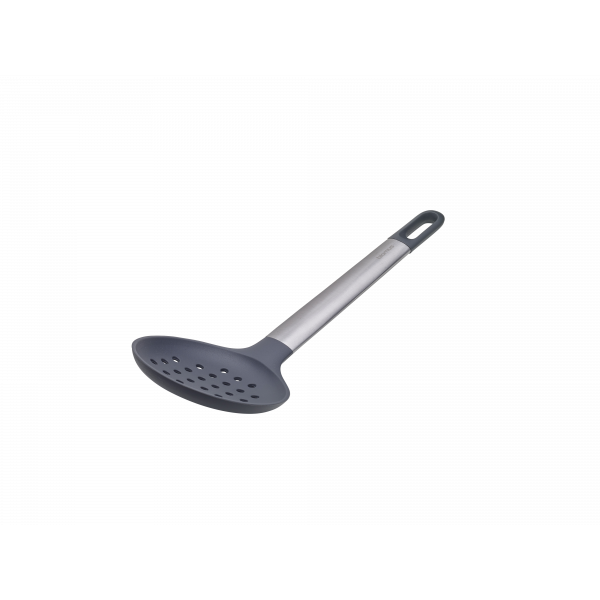 Gray slotted spoon with a stainless steel handle for cooking and serving.