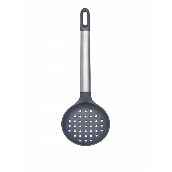 Stylish gray slotted spoon with stainless steel handle for effective cooking and serving.