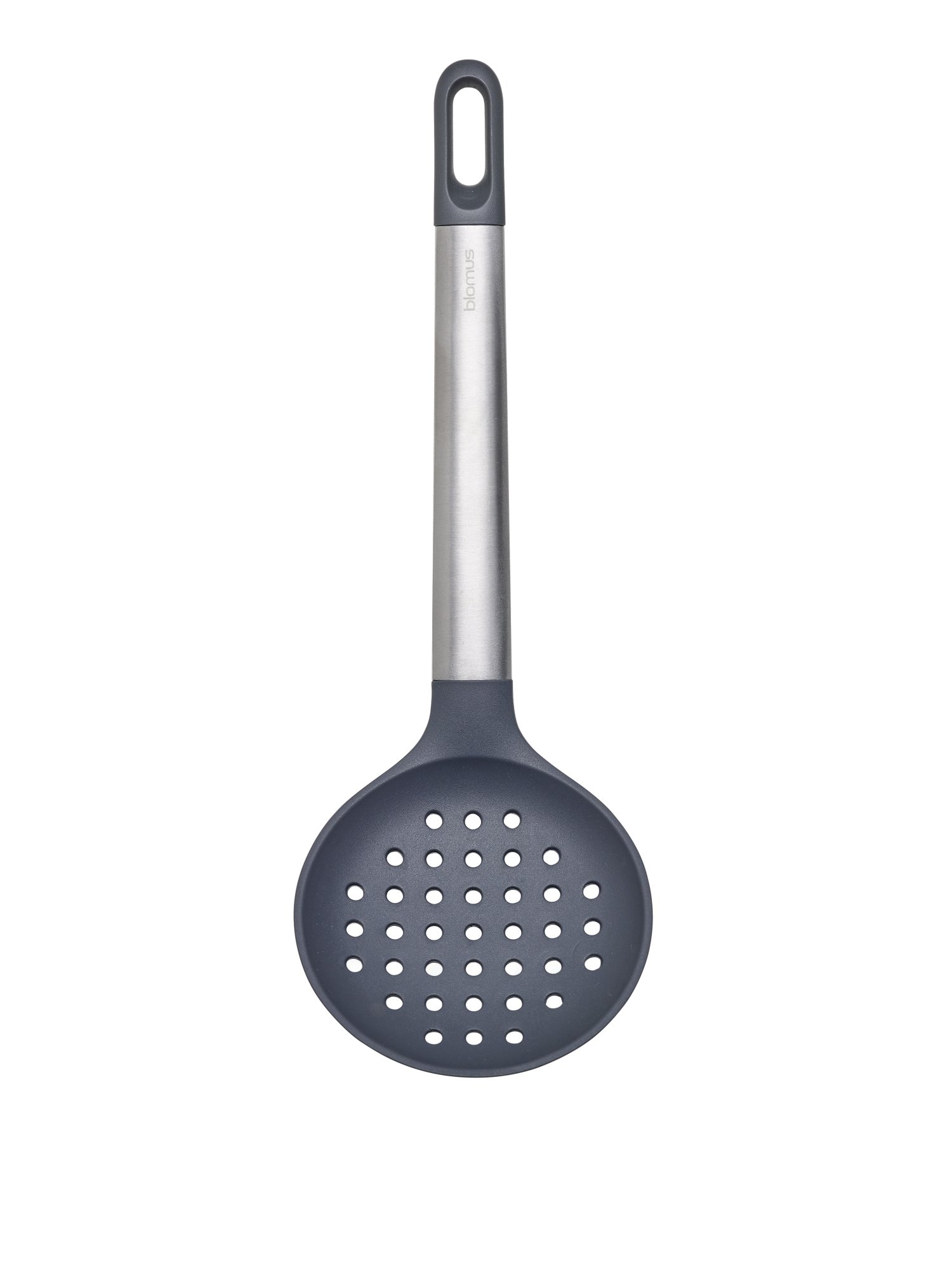 Stylish gray slotted spoon with stainless steel handle for effective cooking and serving.
