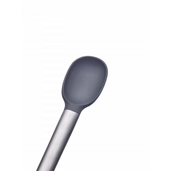 Sleek stainless steel cooking spoon with a black silicone head on a white background.