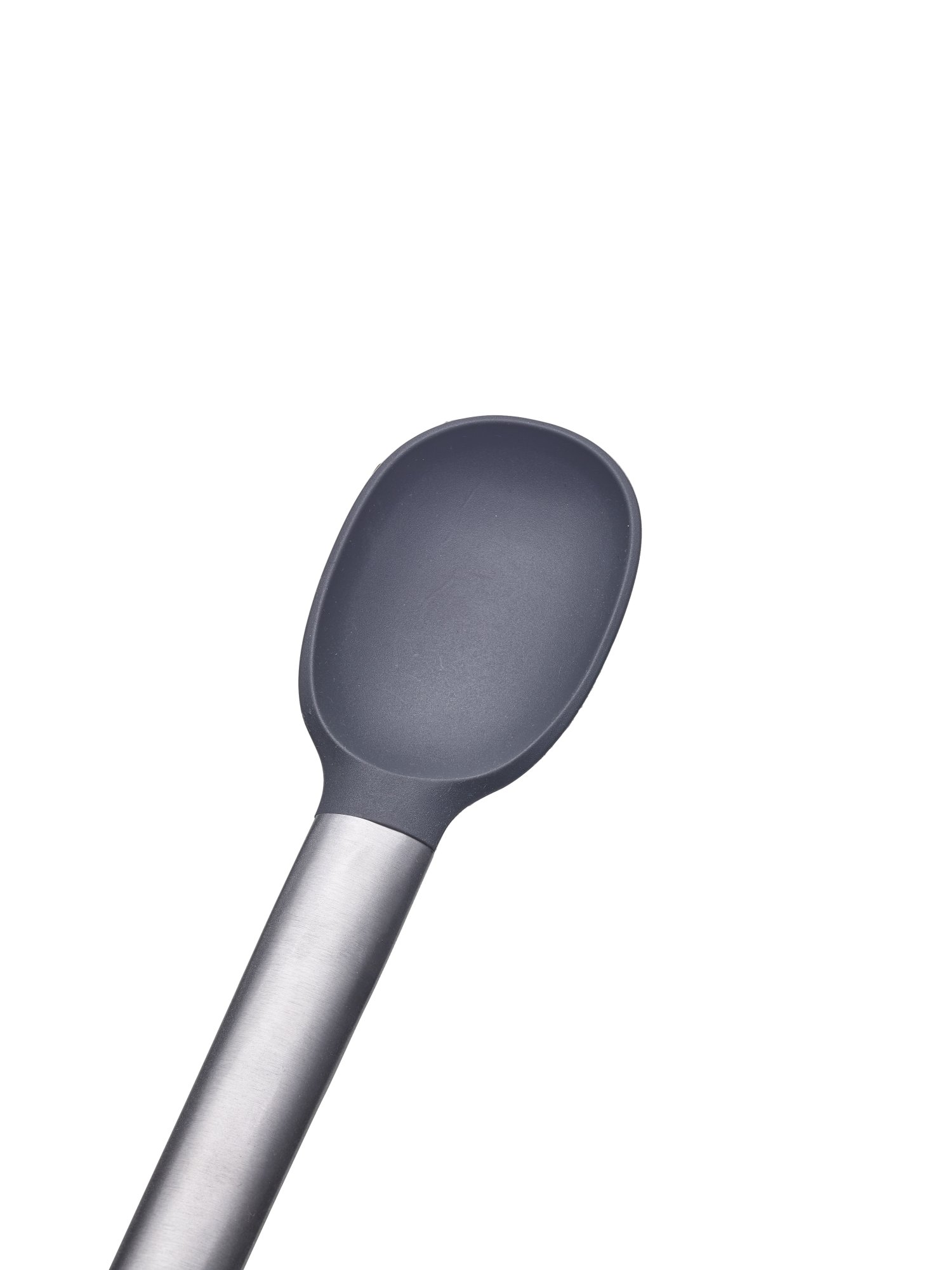 Sleek stainless steel cooking spoon with a black silicone head on a white background.