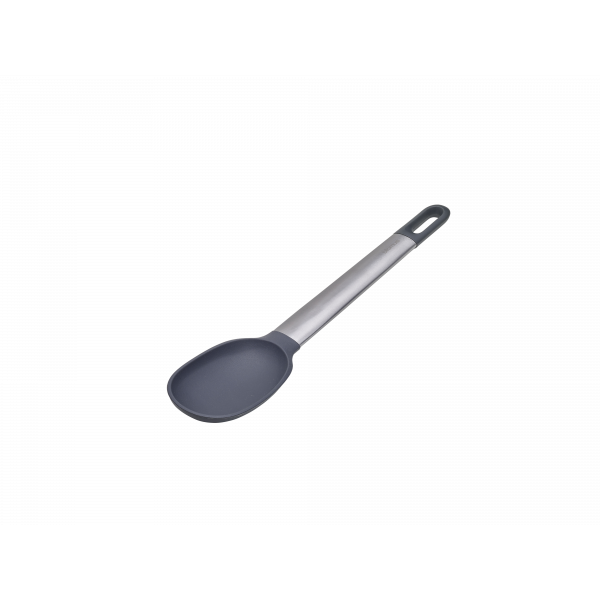 Sleek gray kitchen spoon with a stainless steel handle for cooking and serving.