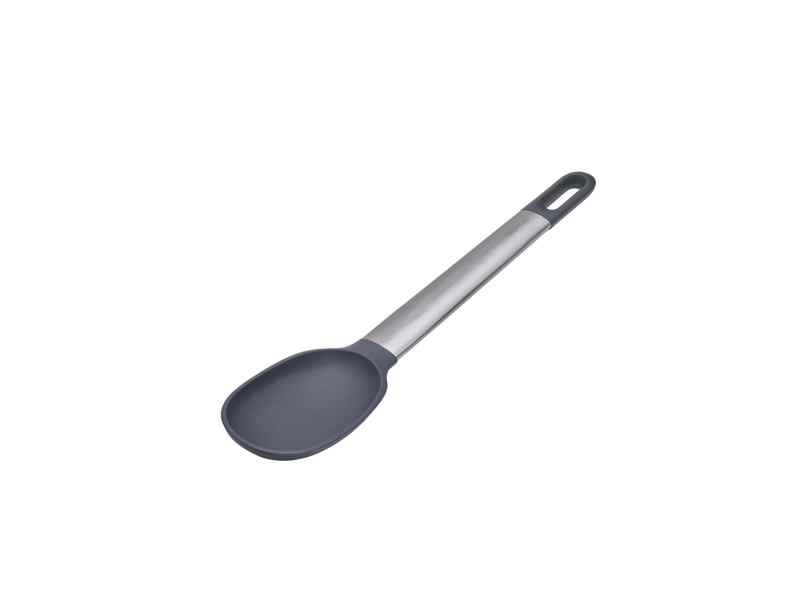 Sleek gray kitchen spoon with a stainless steel handle for cooking and serving.