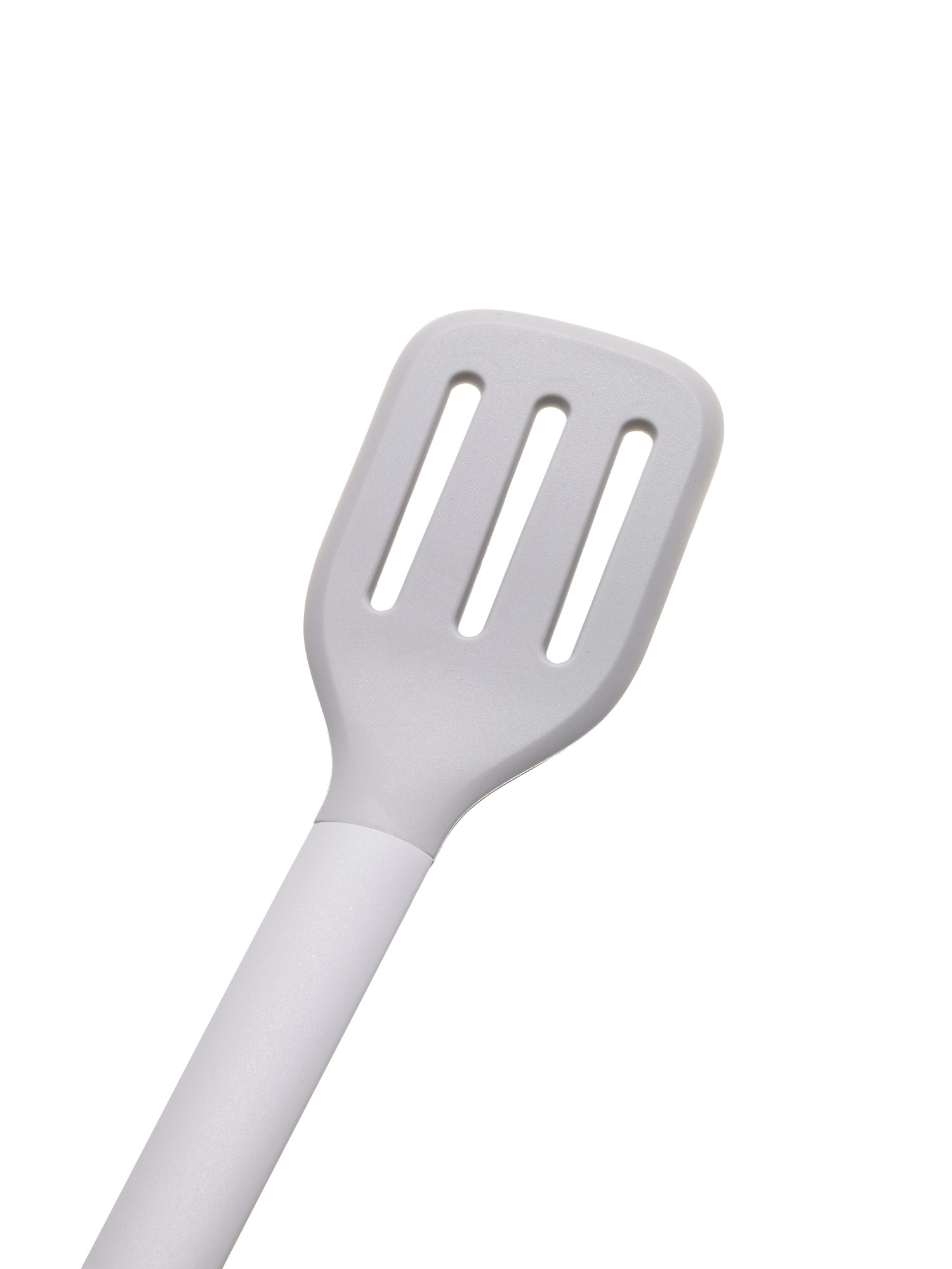 White plastic spatula with slotted head for cooking and flipping food.