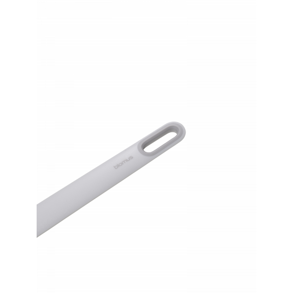 "Stylish white kitchen tool with a sleek handle for easy gripping and hanging."