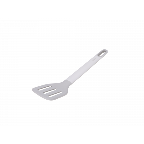 White silicone spatula with slotted design for easy cooking and flipping.