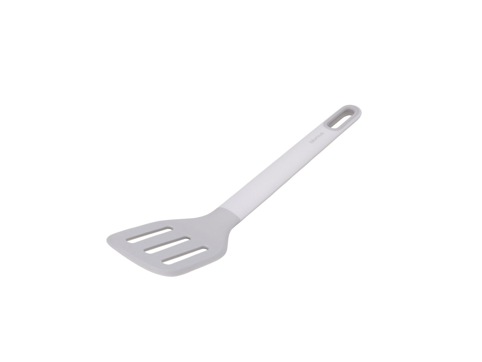 White silicone spatula with slotted design for easy cooking and flipping.