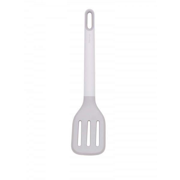 Minimalist gray silicone spatula with slotted design for versatile cooking.