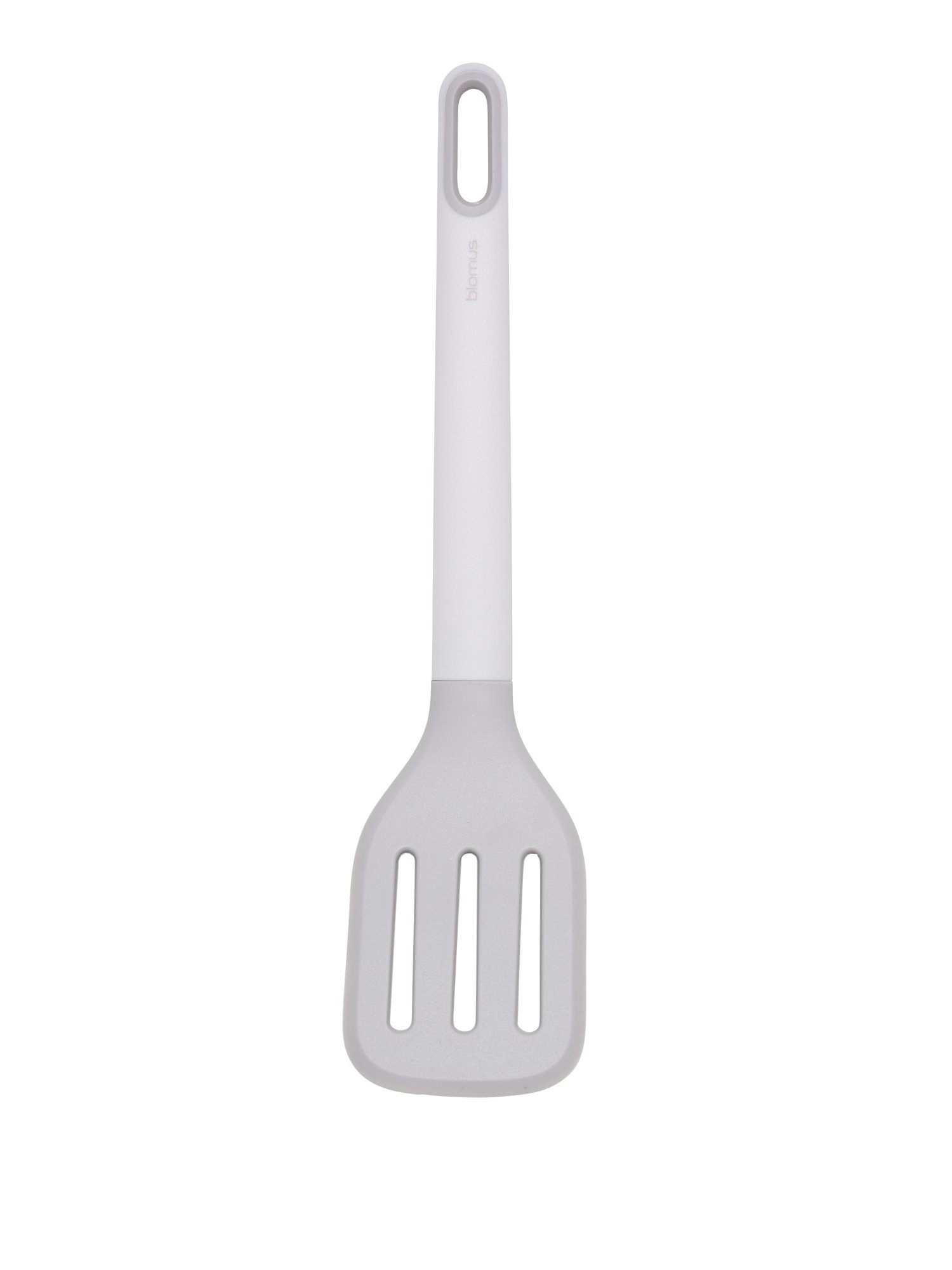 Minimalist gray silicone spatula with slotted design for versatile cooking.