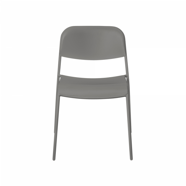 Gray folding chair with a minimalist design and sturdy metal frame.