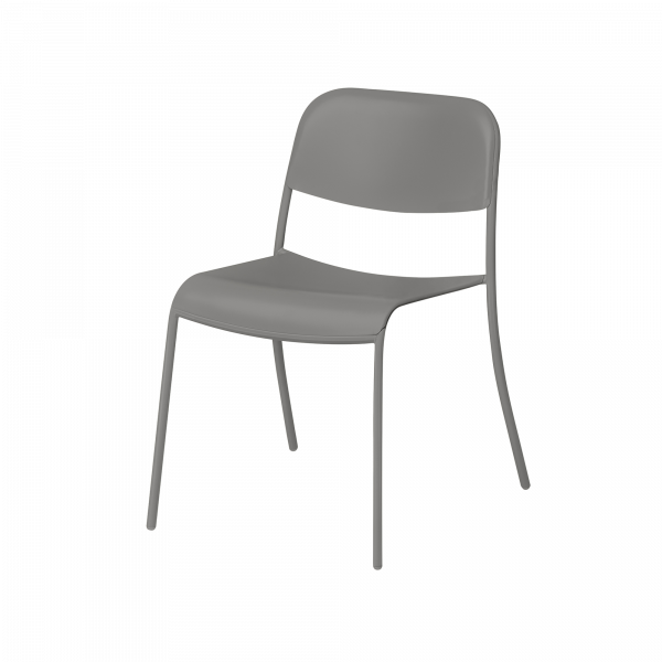 Gray modern metal chair with a simple design, ideal for indoor and outdoor use.