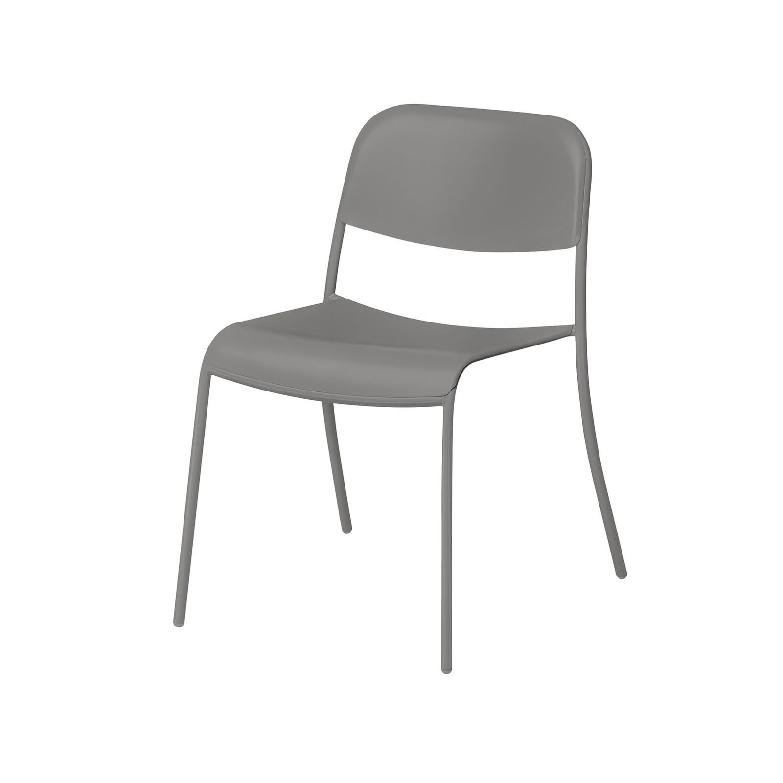 Gray modern metal chair with a simple design, ideal for indoor and outdoor use.